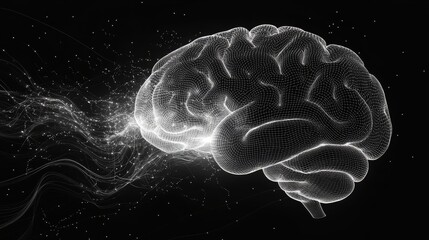 Poster - Laser-etched brain silhouette with digital patterns in a dark setting illustrating cognition