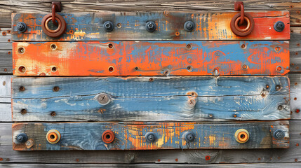 Poster - A vibrant sign made of reclaimed wood features an array of orange and blue planks, accented by decorative knobs. The rustic setting highlights the charm of weathered materials and craftsmanship.