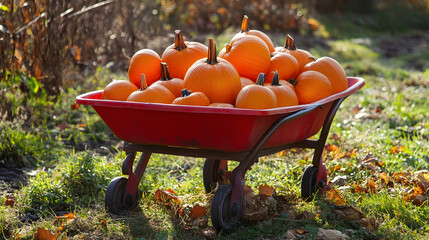 Wall Mural - Red wheelbarrow filled with bright orange pumpkins, set in a vibrant autumn landscape -