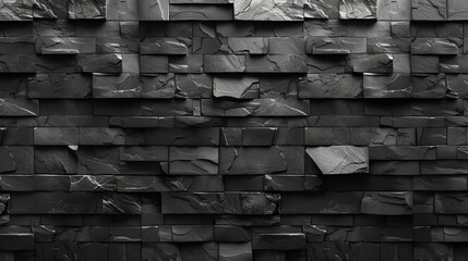 Poster - This black stone wall features an intricate pattern of layered slate panels, showcasing a unique texture that adds depth and character to contemporary interiors, creating a striking visual effect.
