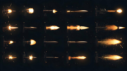 Wall Mural - Set of 23 different muzzle flashes with black backgrounds for action game effects -