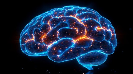 Poster - Silhouette of a brain illuminated with data grid lines representing neural activity at night