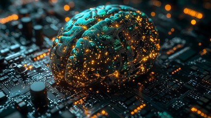 Poster - A luminous brain silhouette illustrating neural connections over a circuit board background at night