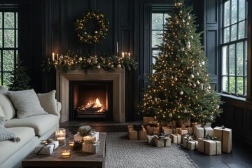 Wall Mural - A beautifully decorated Christmas tree in a cozy room featuring a fireplace, candles, and gift boxes.