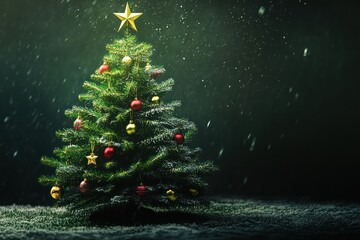 Wall Mural - A beautifully decorated real Christmas tree adorned with balls and stars, radiating festive cheer.