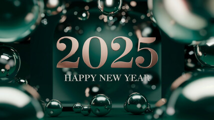 Wall Mural - 2025 with minimalistic happy new year text with confetti and dark shiny green balls on the background 