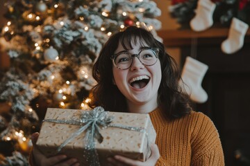 A cheerful woman surprised by a gift in front of a beautifully decorated Christmas tree.