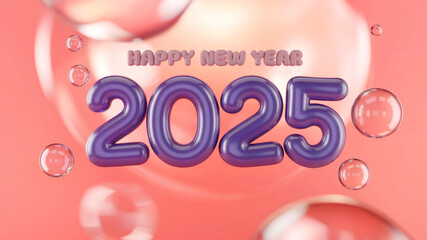 Wall Mural - 3d 2025 in bold purple letters with minimal happy new year text with light coral background