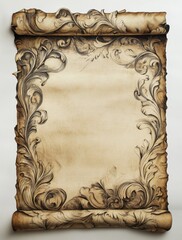 Poster - An ornate scroll with intricate floral designs, set against an isolated white background. The parchment has aged and is slightly worn at the edges, giving it a sense of history and mystery.