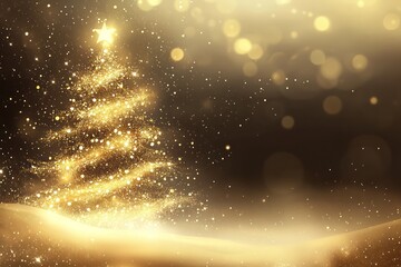 Wall Mural - A Christmas tree background illuminated with golden blurred lights, creating a warm festive atmosphere.