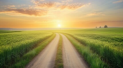Wall Mural - a tranquil dirt road through lush green fields at sunrise with soft clouds in the sky and warm light