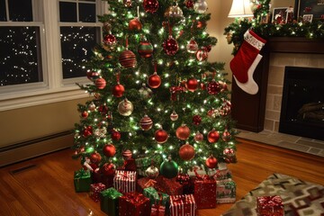 Wall Mural - A close-up of a Christmas tree with red and green ornaments and presents underneath.