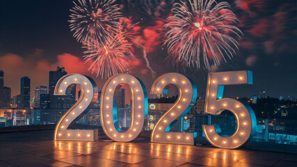 Wall Mural - photo of a large glowing 2025 text in metallic bold numbers illuminate against a night sky with fireworks 