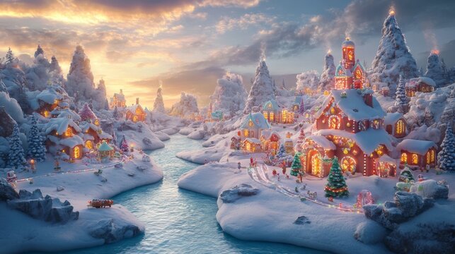 Illuminated Gingerbread Village with Snow-Covered Mountains and a Winding River at Sunset