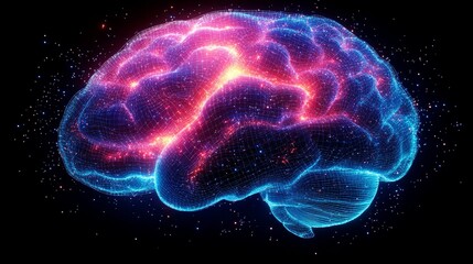 Poster - Holographic brain silhouette glowing with intricate patterns in a dark void