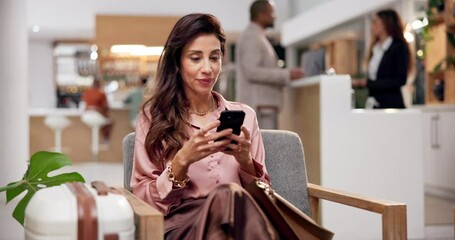 Aufkleber - Happy, hotel and business woman with phone in lobby waiting for conference, meeting and convention. Professional, corporate and person on smartphone for online schedule, internet and social media