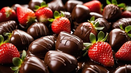 A close-up of chocolate-covered strawberries, showcasing their rich texture and vibrant color.