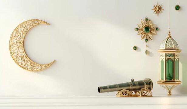 3D vector illustration of a set design for Ramadan Kareem, featuring a mosque lantern and a green moon with golden elements on a white background, in a flat lay composition. 