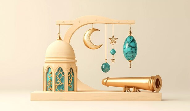 3D vector illustration of Ramadan elements: a golden lantern with a moon and star symbol, a mosque window-shaped decoration, and turquoise green glass-textured earrings hanging on a white background. 