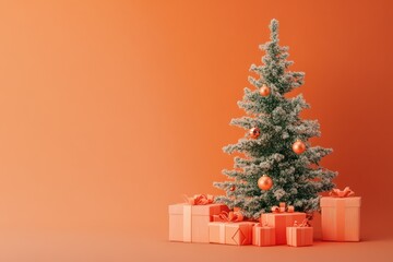 Wall Mural - A festive Christmas tree with gifts arranged against a bright orange background, celebrating the holiday.