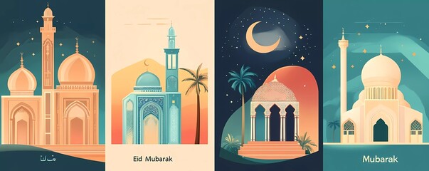 Fototapete - Set of four vector illustrations in a flat design style. Ramadan Kareem poster with the text 
