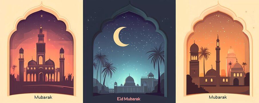 Set of four vector illustrations with simple line art, Ramadan theme. Mosque window with night sky and crescent moon,