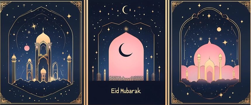 Set of four vector illustrations with simple line art, Ramadan theme. Mosque window with night sky and crescent moon,