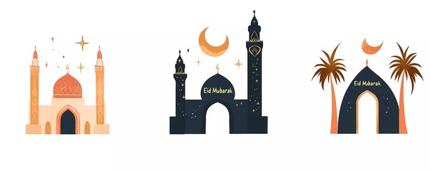 Fototapete - Set of simple vector illustration banners with a mosque window, palm tree, and moon for the Muslim holiday Ramadan Kareem on a flat background. 