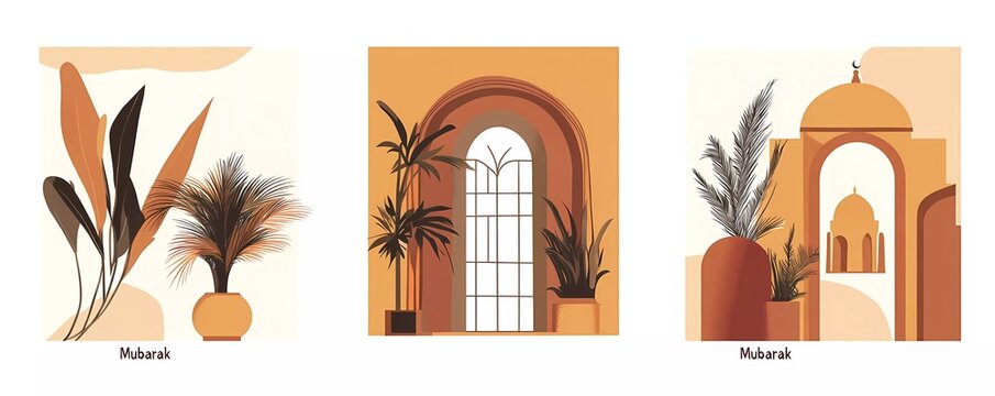 Set of vector illustration Ramadan greeting cards with a window, mosque, and palm tree in a simple abstract style.