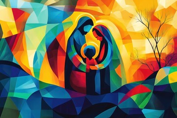 Wall Mural - Modern nativity scene of Holy Family, abstract and colorful, ideal for holiday graphic design or festive illustration needs.