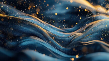 Vibrant golden and blue waves with floating particles for dynamic abstract background.