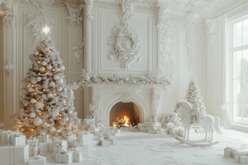 Wall Mural - A luxurious white room with a Christmas tree, decorated fireplace, rocking horse, and gifts for New Yeara??s.