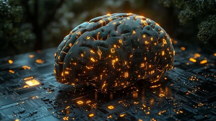 Poster - Detailed silhouette of a human brain surrounded by glowing circuits on a dark digital background