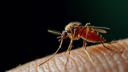 A close-up of a mosquito perched on human skin, showcasing detailed features like body structure and wings against a dark background.