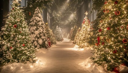 Wall Mural - A scenic forest filled with beautifully decorated Christmas trees, capturing the magic of the winter season.