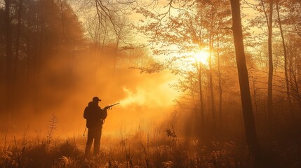 Poster - a hunter stands in a misty forest at dawn, aiming into the distance as golden sunlight filters throu