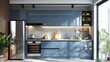 © Agus - Modern Kitchen with Blue Cabinets, Stainless Steel Appliances, and a Window View