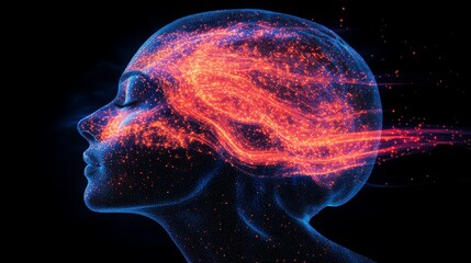 Poster - Colorful digital silhouette of a brain emanating vibrant energy against a dark background