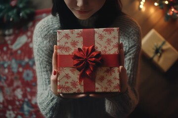 Wall Mural - A top view of a woman holding a traditional gift box decorated for Christmas, capturing the festive spirit.