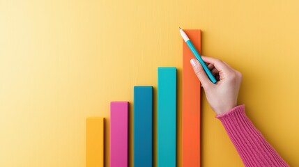 A colorful bar chart being annotated with a pencil, symbolizing progress and growth against a vibrant yellow background.