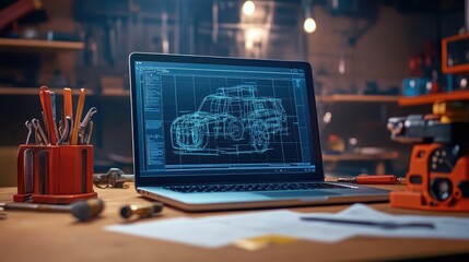 Poster - Blueprint Design on Laptop in Workshop Environment