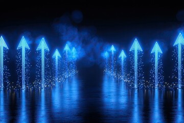 Poster - Blue glowing arrows pointing upwards over a dark reflective surface