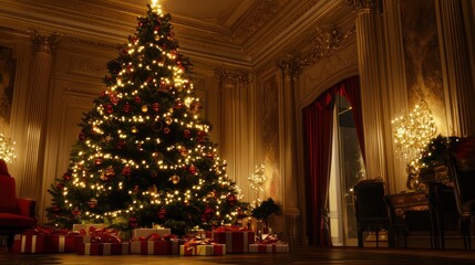 Wall Mural - An elegantly decorated Christmas tree adorned with shimmering lights and festive garlands.