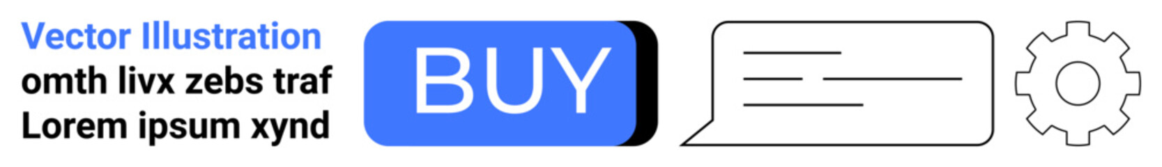 Blue BUY button on black background, chat bubble icon, gear icon. Ideal for online shopping, e-commerce, UI design, customer support, tech interfaces, digital services, web development. Landing page