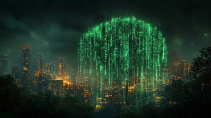 Poster - A vibrant brain silhouette emerging from flowing lines above a glowing cityscape at night