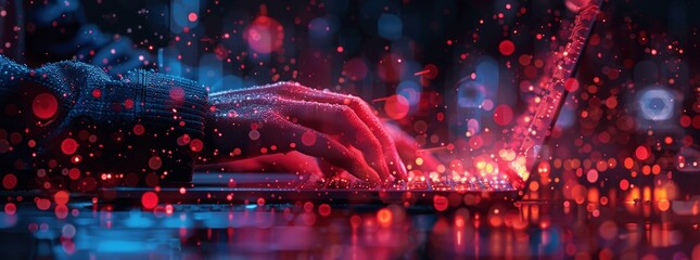 Aufkleber - Man Typing on Laptop with Network Connection Lines, Digital Technology, Online Work, IoT, Cyber Connection, Modern Office, Big Data, Cloud Computing, Innovation, Tech, Marketing, Global Network