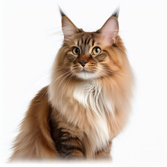  A majestic purebred cat with a long, luxurious coat, tufted ears, large expressive eyes, and a bushy tail. Seen from the side, it exudes elegance, grace, and a regal, aristocratic presence.