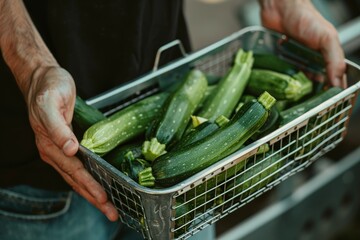 Person Holding Metal Basket with Fresh Zucchini