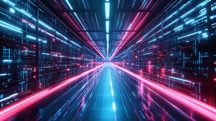 Poster - a futuristic corridor illuminated with vibrant neon lights in a digital landscape during nighttime