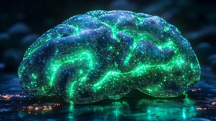 Poster - A digital circuit silhouette of a brain illuminated against a dark background with glowing effects